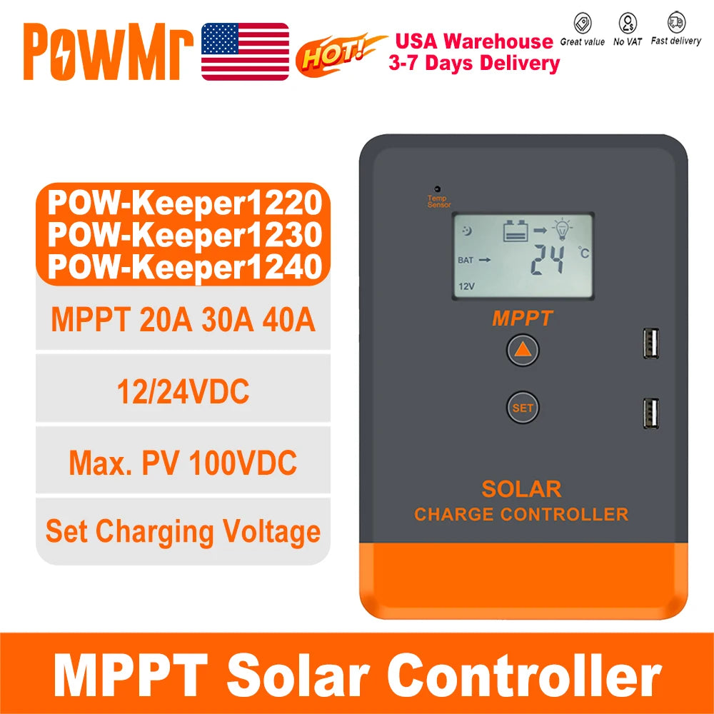 Solar charge controller with specifications on a white background